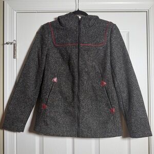 Women's Gray & White Hooded Jacket W/ Red Leather Details & Fleece Lined